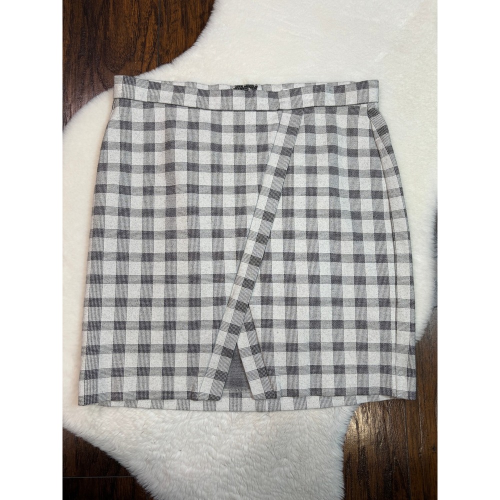 Cabi Skirt‎ 12 Gray Plaid Faux Wrap Front Stretch Knit Mini Women